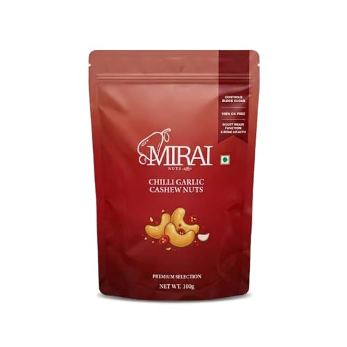 Image of MIRAI NUTS Chilli Garlic Cashew Nuts | Premium Air Roasted Cashews | Zero Oil Healthy Snack | 100g