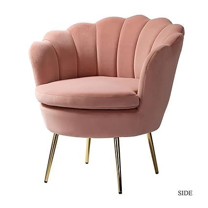 Image of Wooden Velvet Shell Accent Chair, Upholstery, Gold Metal Legs, Channel Tufted Design, Barrel Chair for Living Room, Drawing Room, Bedroom, & Office (Pink)