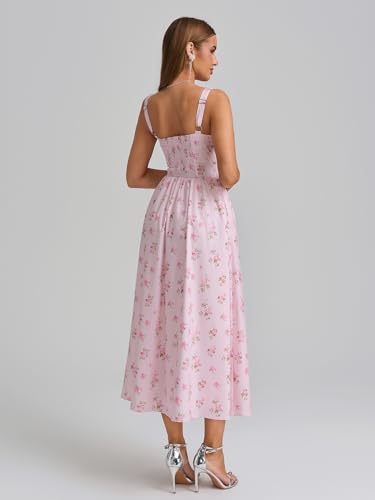 Image of KUTUMAI Floral Corset Midi Dress Flowy Slit Summer Spring Wedding Guest Dresses for Women Sundress with Pockets