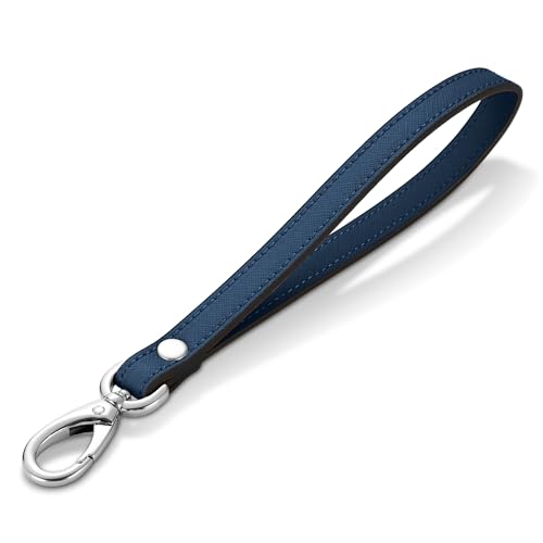 Hamdecro Wristlet Strap, Genuine Leather Wrist Lanyard Hand Strap Replacement for Wallet Purse Clutch Pouch Phone Keychains, Silver Buckle - Blue