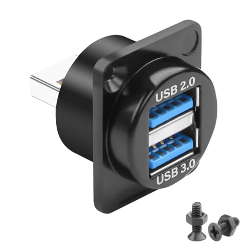 QIANRENON 2 in 1 USB 3.0 to USB3.0 & USB2.0 Panel Mount Adapter 5Gbps USB3.0 Male to USB-3.0 Female + USB2.0 Female Bulkhead Mount Charging Data 1 in 2 Connector 5V1.5A, for Expansion USB Port