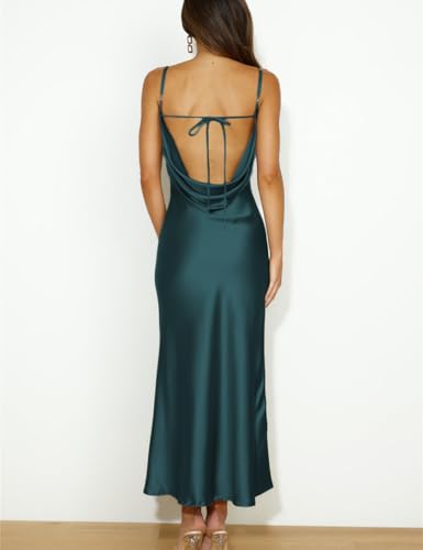 Image of Summer Satin Spaghetti Strap Cowl Neck Backless Midi Dresses for Women Elegant Tie Low Back Ruched Cocktail Dress