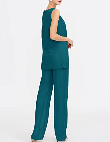 Zongqiven Chiffon Mother Of The Bride Pant Suits 3Pcs Wedding Formal Outfit Set Evening Gown For Women Cyan #TOP3