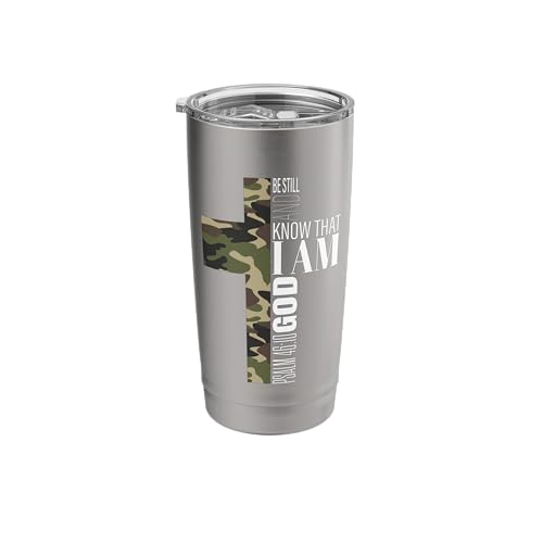 Be Still And Know God Christian Bible Verse Green Camo Cross Stainless Steel Insulated Tumbler