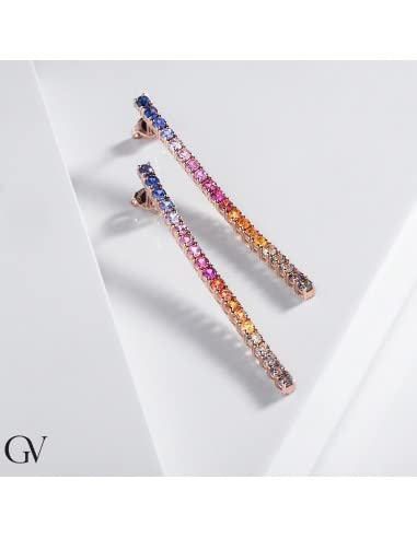 Orecchini tennis in oro rosa 18k con zaffiri multicolor, cm 5,5.