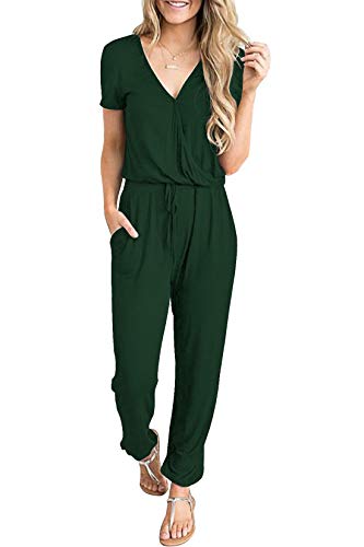 PRETTYGARDEN Women's Summer Casual Deep V Neck Short Sleeve Wrap Drawstring Waist Jumpsuit Romper Dark Green