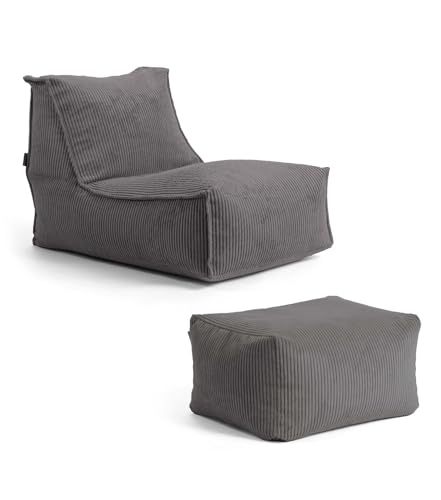 mokebo Sitzsack mit Hocker aus Cord 'Der Gelassene', Bean Bag, Relaxliege oder Bodenkissen mit EPS-Perlen Füllung, kuschelige und gemütliche Liege für Wohnzimmer und Wintergarten in Anthrazit