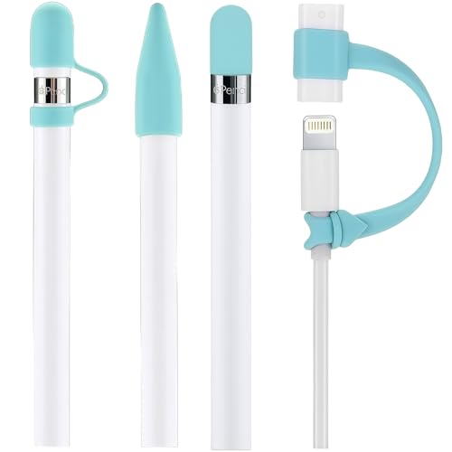 siduater [4-Pack] Silicone Protective Accessories for Apple Pencil 1st Generation, Includes 1 Apple Pencil Cap Replacements, Cap Holder, Tip Cover, Adapter Tether (Green)