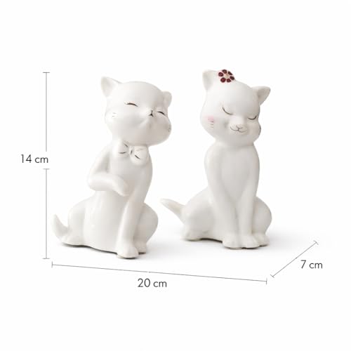 Image of Xtore Charming Ceramic Cat Couple Figurines for Home Decor | Minimalist Cute Showpieces for Living Room, Bedroom, Shelf & Gifting (White, 14 cm, Set of 2)