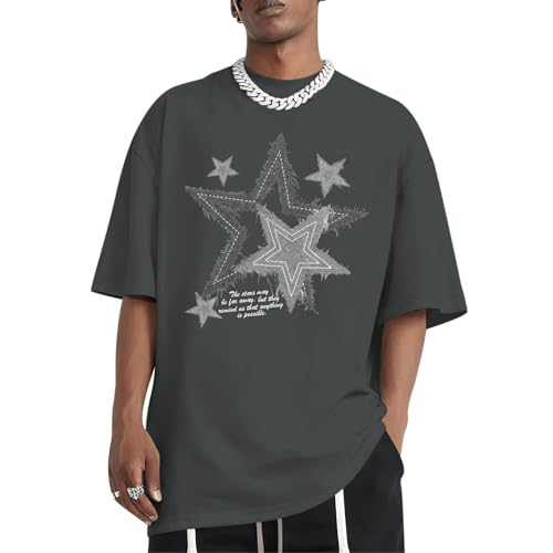 Migxsaf Men Star Graphic Shirt Y2k Oversized Shirts Streetwear Vintage Tees Grunge Inspirational Motivational Casual Tshirts(Charcoalgray,M)