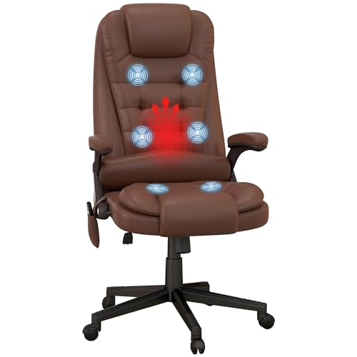 HOMCOM High Back Vibration Massage Office Chair with 6 Vibration Points, Heated Reclining PU Leather Computer Chair with Armrest and Remote, Brown