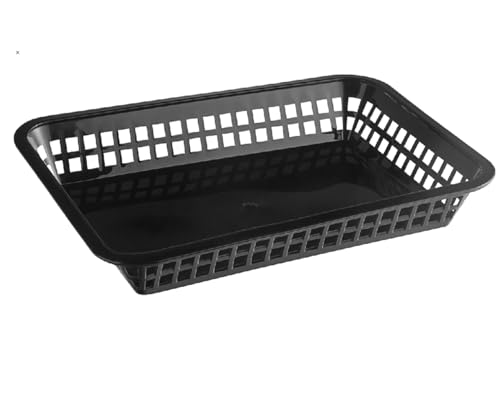 [12 Pcs] Rectangular Black Plastic Food Baskets 11.8" x 8-1/2" x 1-1/2" | Grande Platter Tray Serving Baskets, Best for Fried & Fast Food, Restaurants, Bakery, Wings & Chips