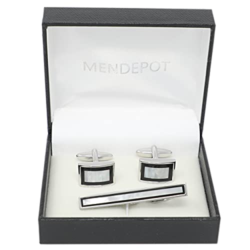 Mendepot Classic Stone Cufflinks And Tie Clip Set With Gift Box Mother Pearl Cufflinks Tie Clip Abalone Men Shirt Set (Mother Pearl & Onyx) #TOP4