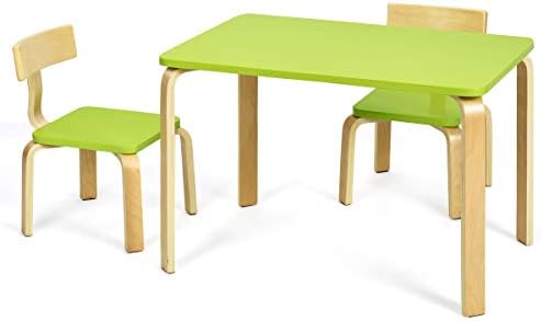 GYMAX Children Table with 2 Chairs, Wooden Kids Activity Desk & Chairs Set, 3 Pieces Toddler Furniture for Playroom, Living Room and Preschool (Green)