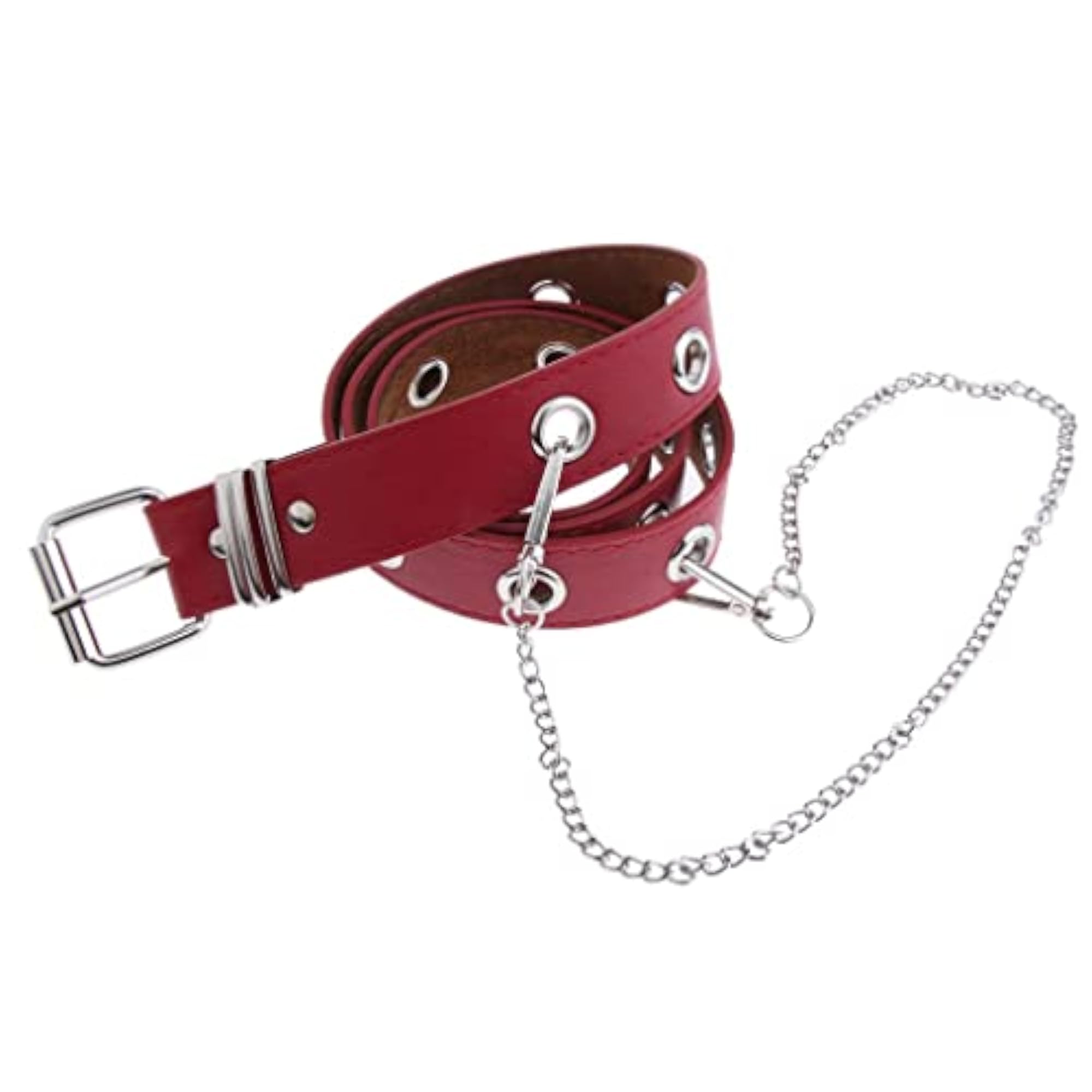 Women's Punk Hollow Leather Waist Belt with Metal Chain, Red