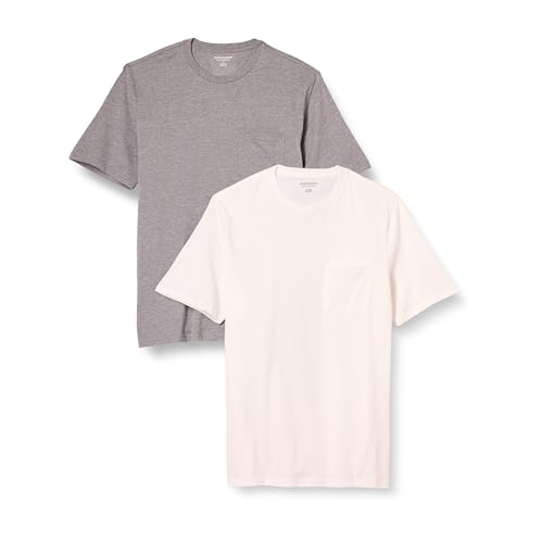 Amazon Essentials Camiseta con Bolsillo de Cuello a la Caja y Manga Corta Hombre, Pack de 2, Blanco/Gris Mezcla, L