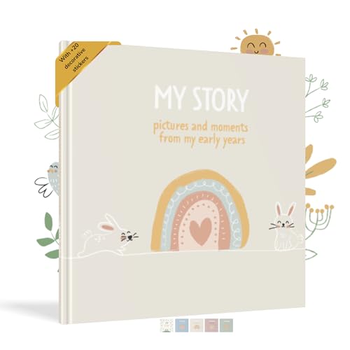HuBorns - Babyalbum Erstes Jahr bis 5 zum Einkleben von Fotos, Fotoalbum Kinder +50 Seiten und Stickern, Originelles Erinnerungsbuch Baby, Fotoalbum Baby für Babyparty Geschenk