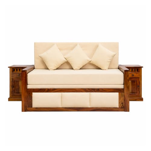 Image of SONA ART & CRAFTS Zeus Sheesham Wood 3 Seater Sofa Cum Bed with Bedside | Wooden 3 Seater Sofa for Living Room Wooden Furniture Sofa Bed for Home (Natural Finish)