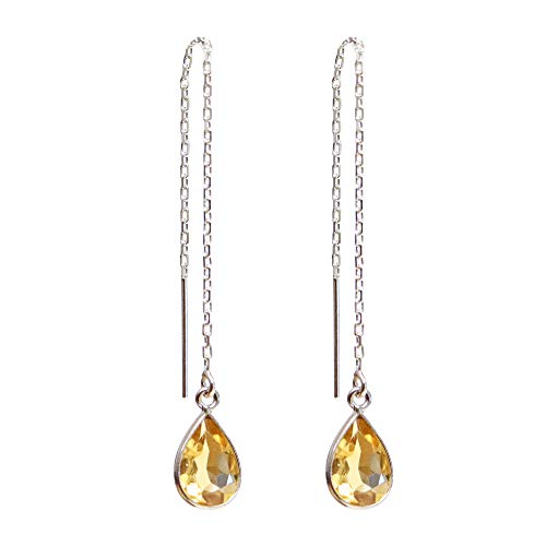 10mm Tear Drop Yellow Citrine Threader Sterling Silver Chain Earrings JD52