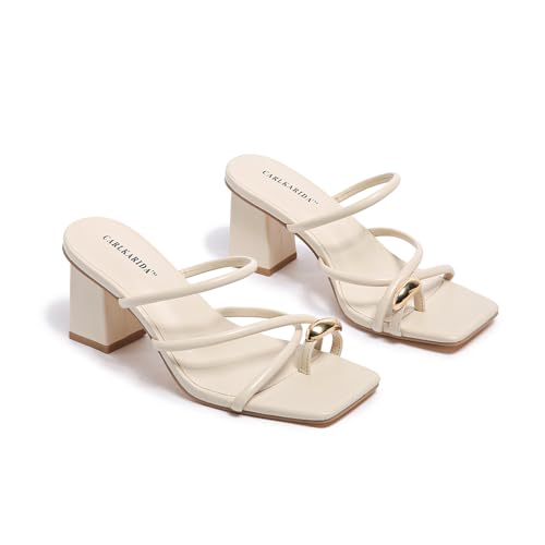 Image of Strappy Heels For Women Low Chunky Block Heel Heeled Sandals Square Open Toe Slip On Slides Flip Flops Mules