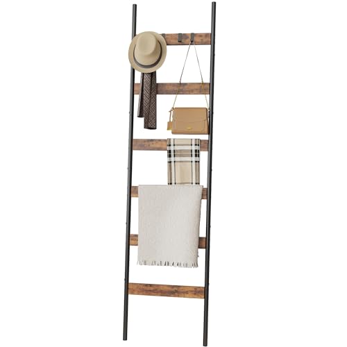 Blanket Ladder, 6-Tier Towel Holder with 4 Removable Hooks, Farmhouse