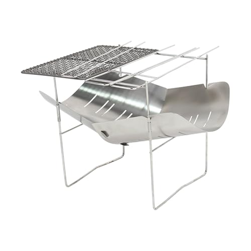 Folding BBQ Grill for Camping, Stainless Steel Fire Pit for Outdoor Use, with 3 Skewers Net