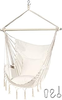 Jelofly Hammock Chair Large Hanging Rope Swing Seat Chair with Pocket Max 350 Lbs Superior Comfortable for Indoor Outdoor Home Bedroom Garden, Seat Cushions Not Included (Beige)
