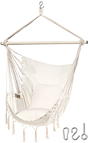 Jelofly Hammock Chair Large Hanging Rope Swing Seat Chair with Pocket Max 350 Lbs Superior Comfortable for Indoor Outdoor Home Bedroom Garden, Seat Cushions Not Included (Beige) 