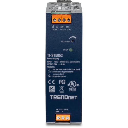 Image of TRENDnet 150W, 52V DC, 2.89A AC to DC DIN-Rail Power Supply, TI-S15052, Industrial Power Supply with Built-in Power Factor Controller Function, Silver