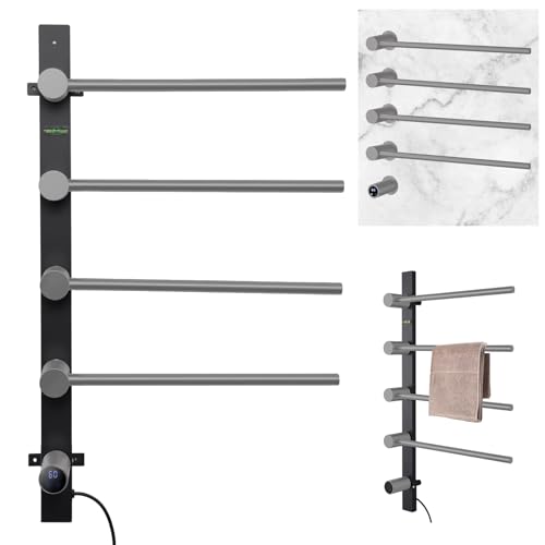 Heated Bathroom Towel Rack - Plug-in Wall Mounted Electric Towel Warmer with 4 Drying Bars, LED Control Panel, Adjustable 104°F to 158°F Temperature, IPX4 Waterproof, 304 Stainless Steel Heating Rod