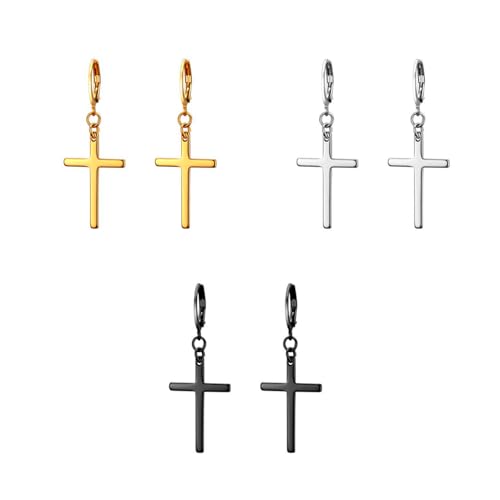 3 Pcs Cross Earrings,Stainless Steel Dangle Cross Earring for Women,Vintage Jewellery for Men,Mens Earrings Hoops,Men's Earring Hypoallergenic for Jewellery Gifts(Black,Silver,Gold)