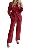 BTFBM Two Piece Set for Women Fall Fashion 2025 Business Casual Long Sleeve Blazer Jackets Wide Leg Pant Suits Pockets(Red, Large)
