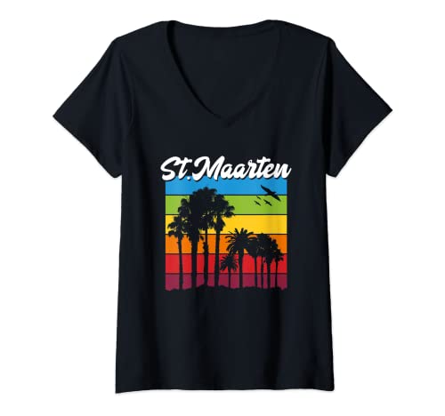 Donna St. Maarten Vacation Souvenir Arcobaleno Palme Cruise Stop Maglietta con Collo a V