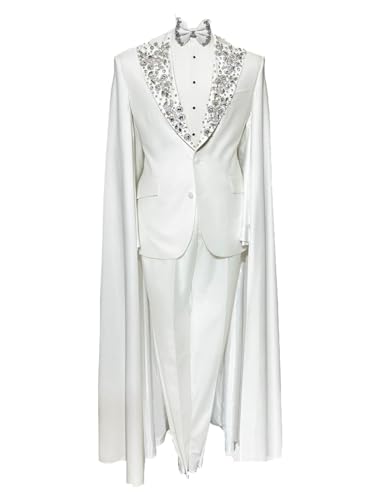 2 Piece Suit for Men White Tuxedo Luxury Handmade Rhinestone Slim Fit Prom Graduation Party Jacket Pants with Cape