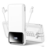 Portable Charger Power Bank with Built-in Cables and Wall Plug, 10000mAh Slim USB-C Battery Pack, 15W Fast Charging Travel Essential Portable Phone Charger Compatible with iPhone, Samsung (White)