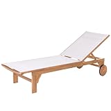 LOLAhome - Tumbona de Jardín y Exterior Nina de Madera de Acacia y textileno Blanco, Reclinable y con Ruedas, de 200x65 cm, Lujo y Confort