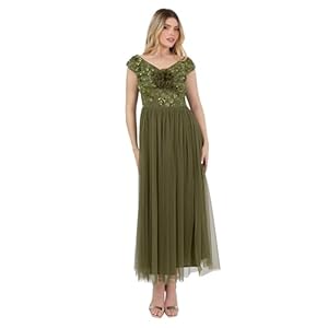 Maya Deluxe Women’s Midaxi Dress Ladies Sleeveless off Shoulder Bardot Sequin Embellished Tulle Rosette Bridesmaid Wedding Guest Vestito Donna