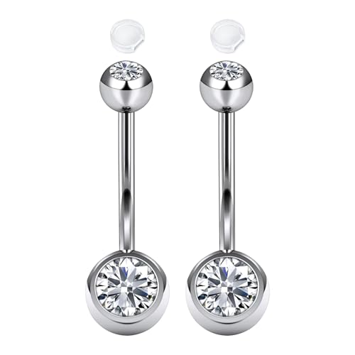 AceFun 14G piercing ombligo acero quirurgico plata para mujer Clicker pequeño corto 16mm con 2 tapas antideslizantes silicona circonita anillos para curvados joyas piercing Barbell