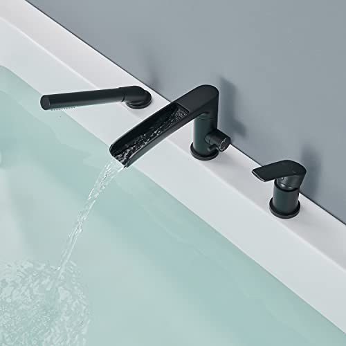 Grifo Wowkk Waterfall Roman para bañera, negro, montaje en cubierta, grifería de latón con ducha de mano miniatura 3