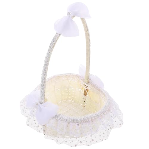 JHKNNK Panier en Osier pour Mariage et Baptême Dentelle Blanche et Nœud 22 X 23 CM pour Dragées et Cérémonies Filles