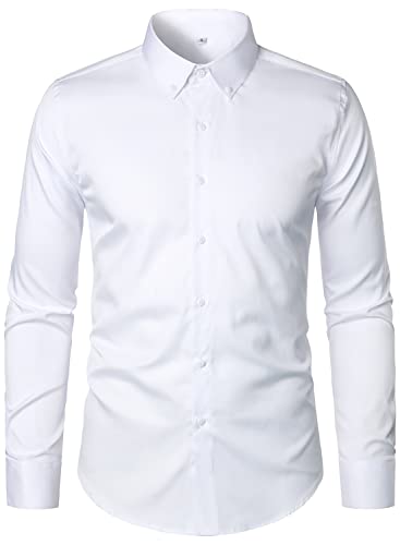 HOOD CREW Men’s Long Sleeve Button Down Shirt Slim Fit Casual Solid Dress Shirts