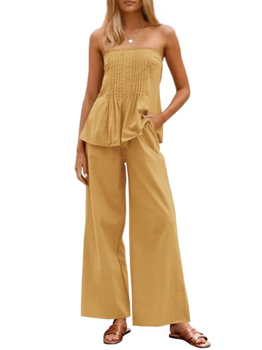 Tankaneo Womens 2 Piece Outfits Summer Strapless Tube Tops Wide Leg Pants Cotton Vacation Pleated Matching Lounge Set