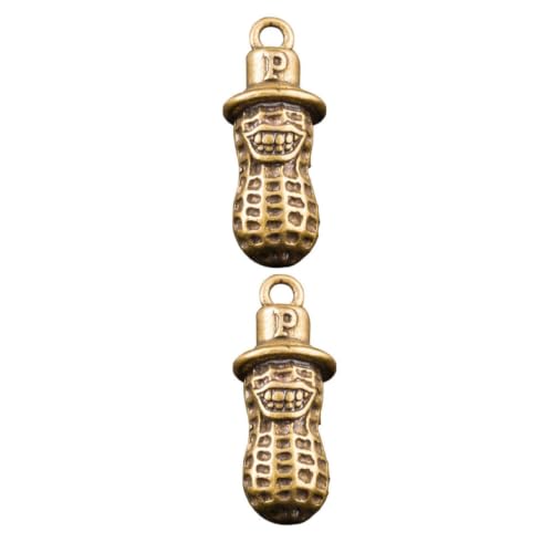 2 Stück Messing Erdnuss Schlüsselanhänger 3,4x1,4x1,4cm mit Loch | Antiker Retro Look, Goldfarbenes Design, als Selbstgemacht Anhänger für Tasche, Handy oder Koffer