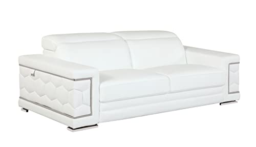 Blackjack Furniture Usry Top Grain Italian Leather Couch with Multi-Position Adjustable Headrests, Elegant Contemporary Design with Chrome Trim and Durable Wood Frame, Sofa, 89", Super White