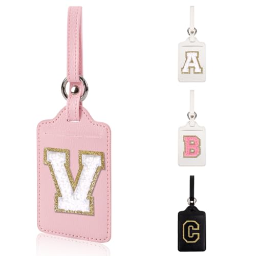 Image of Personalized Initial Luggage Tags for Suitcases, Leather Chenille Letter Cute Luggage Tags with Privacy Name Card, Embroidered Travel Bag Backpack Tags Gifts for Women Kids Girls Teens(Pink-V)