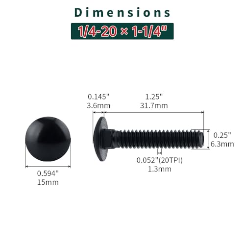Image of 1 /4-20 x 1-1 /4 inch Black Carriage Bolts with Nuts and Washers Kits (10 Sets), 304 Stainless Steel 18 /8, Black Finish, Round Head, Square Neck, Heavy Duty Bolts, Indoor Outdoor Fastening Bolts, Fayeploo