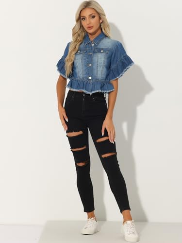 Allegra K Denim Jacket for Women's Button Down Ruffled Short Sleeve Lightweight Peplum Hem Jean Jacket3