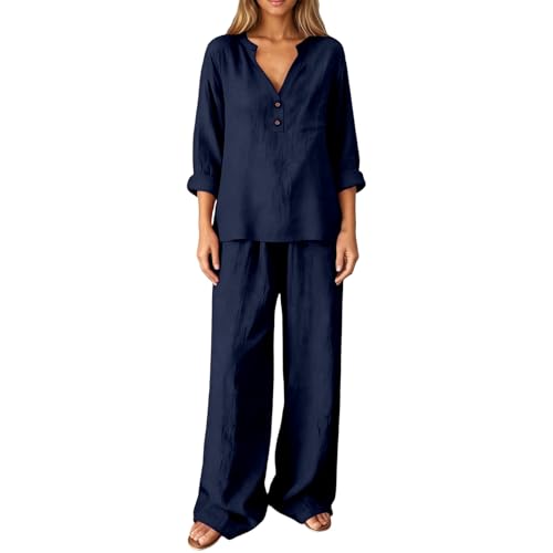 Ensemble Femme en Lin Tenue Chic Et Elegant Vetement Grande Taille Ete Jogging Hawaienne Tunique Pantalon Chemise Survêtements Haut Fluide Tenues Élégante Été Combinaison Robe Tailleurs-Pantalons Gris