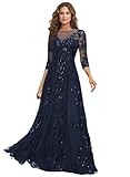 INEWER Elegant Navy Blue Mother of The Bride Dresses with 3/4 Sleeve Lace Appliques Beaded Scoop Neck Illusion Tulle Evening Gown US Size 8