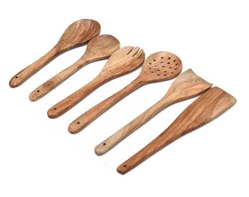 Image of Sanjeev Kapoor by OGGN Handmade Wooden Spoon Spatula Set of 6, Neem Wood Spoons N Spatulas Combo, Non-Sticky Ladles, Palta, Turner, Pasta Serving Spoon for Flipping, Frying, Serving Food (Pack of 6)